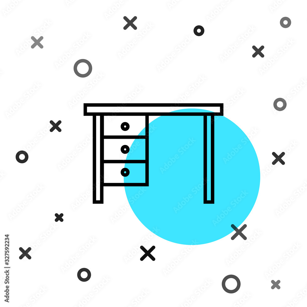 黑色线条办公桌图标隔离在白色背景上。随机动态形状。矢量插图