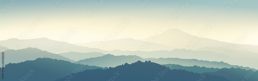 Mountain morning landscape panoramic type with the silhouettes of the mountains against the dawn. ra