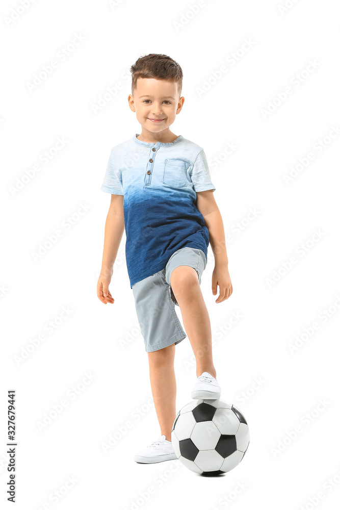 Cute little boy with soccer ball on white background