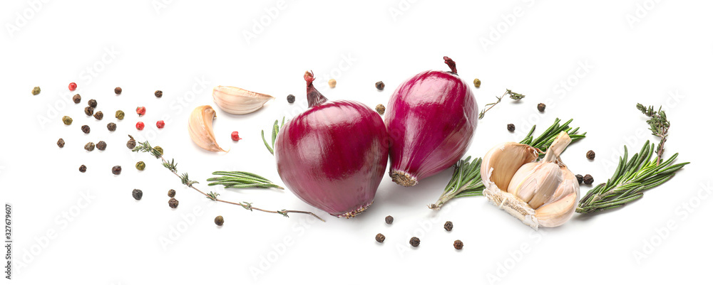 Fresh raw onion and spices on white background