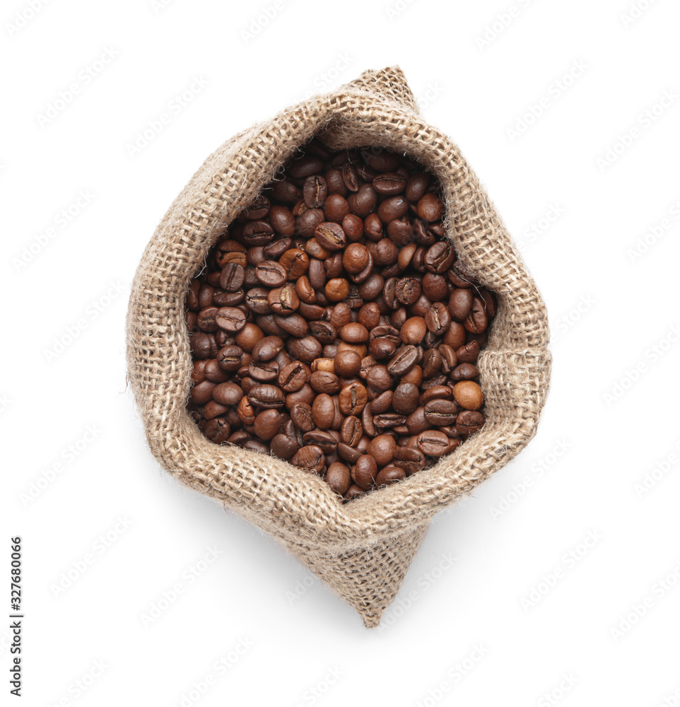 Bag with coffee beans on white background