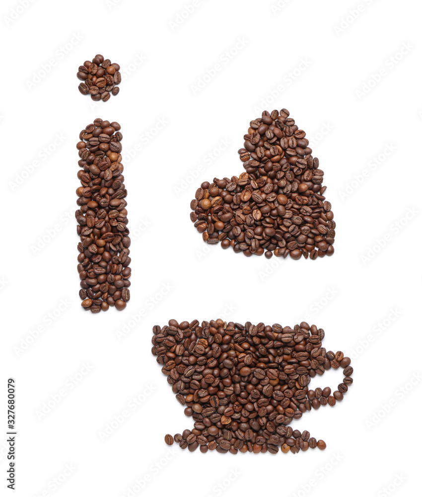 Composition made of coffee beans on white background