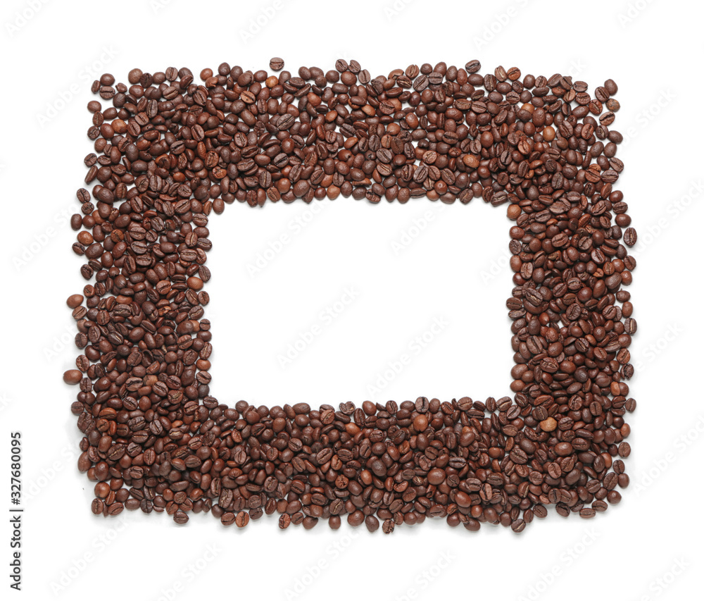 Frame made of coffee beans on white background