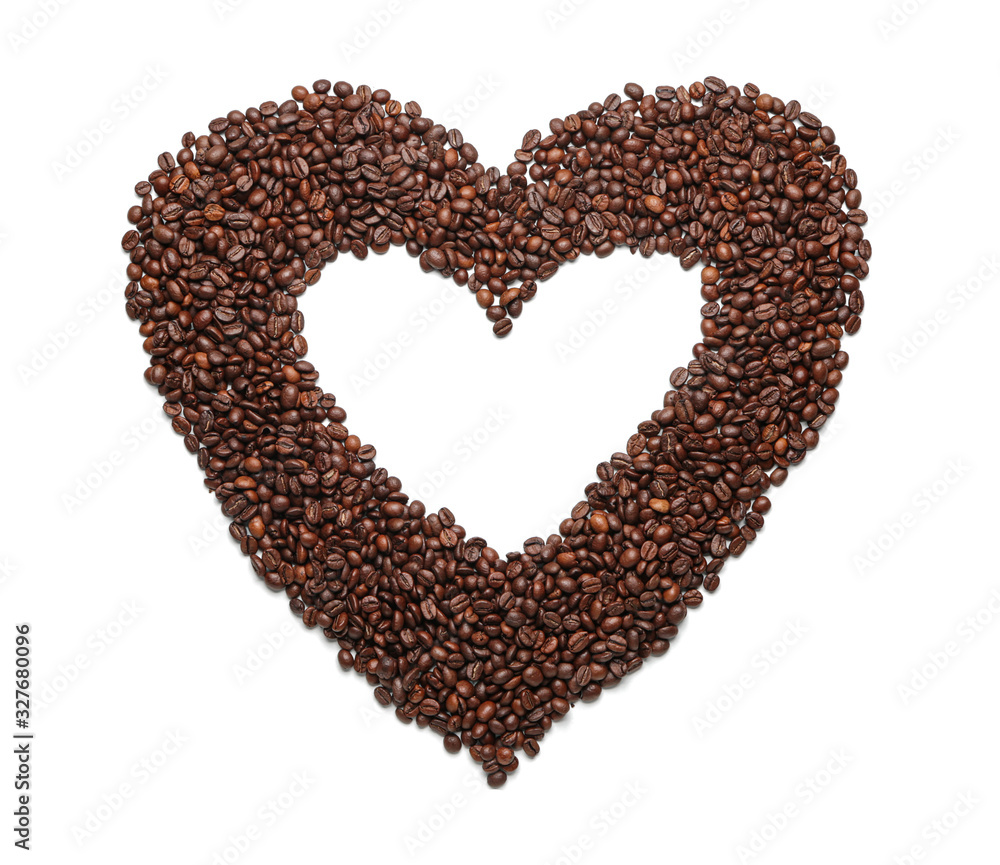 Heart made of coffee beans on white background