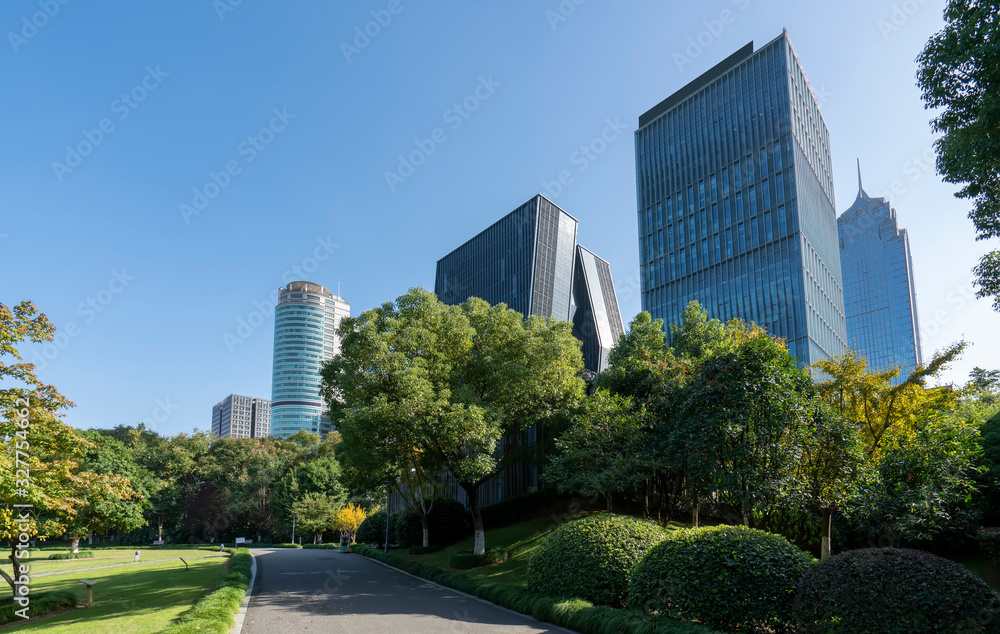 Park forest and urban architecture landscape of Ningbo..