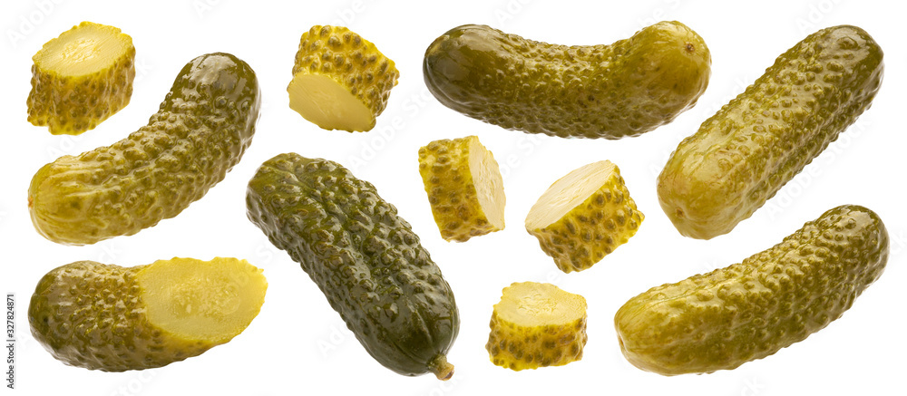 Pickled gherkins, marinated cucumbers isolated on white background