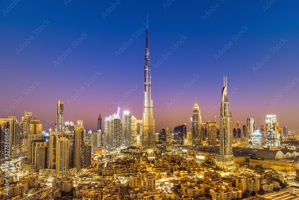 Dubai city skyline at sunset, United Arab Emirates