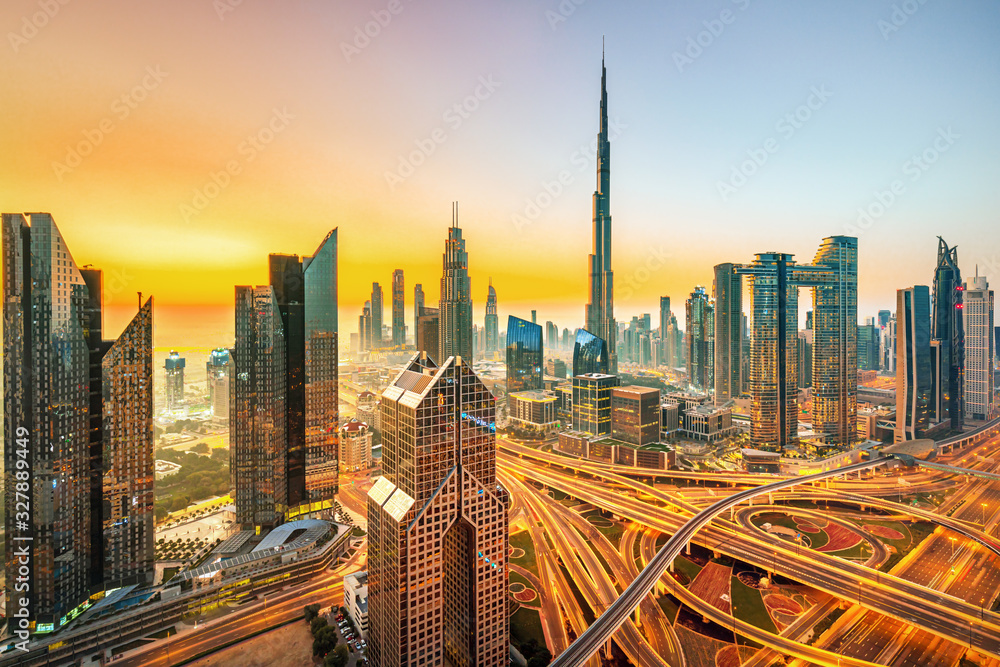 Dubai city skyline at sunset, United Arab Emirates