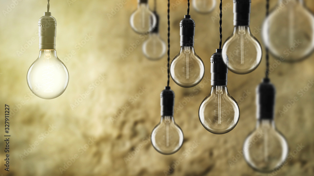 Idea and teamwork concept Vintage  bulbs on wall background