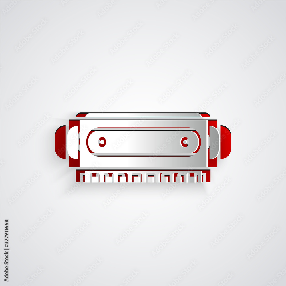 Paper cut Harmonica icon isolated on grey background. Musical instrument. Paper art style. Vector Il