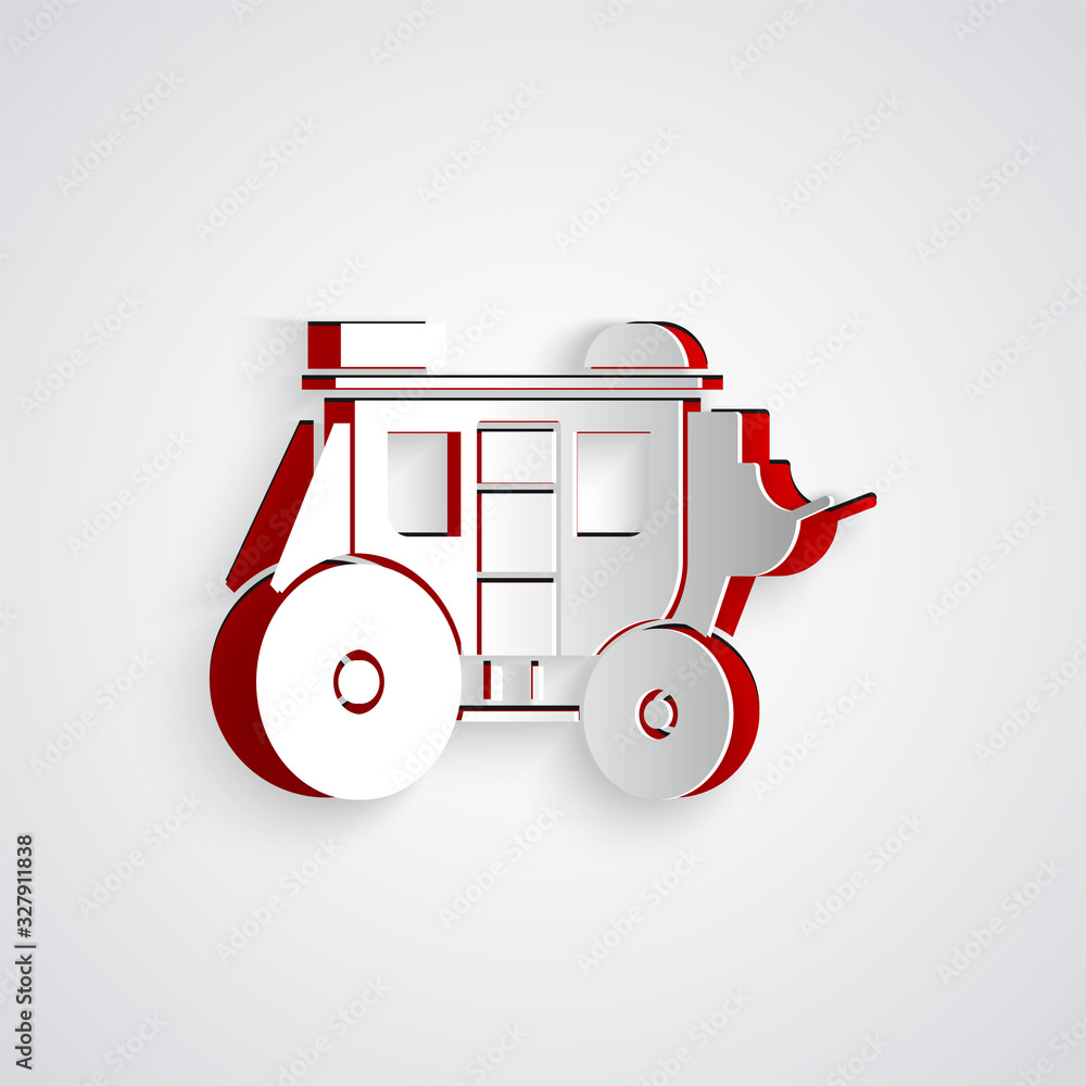 Paper cut Western stagecoach icon isolated on grey background. Paper art style. Vector Illustration