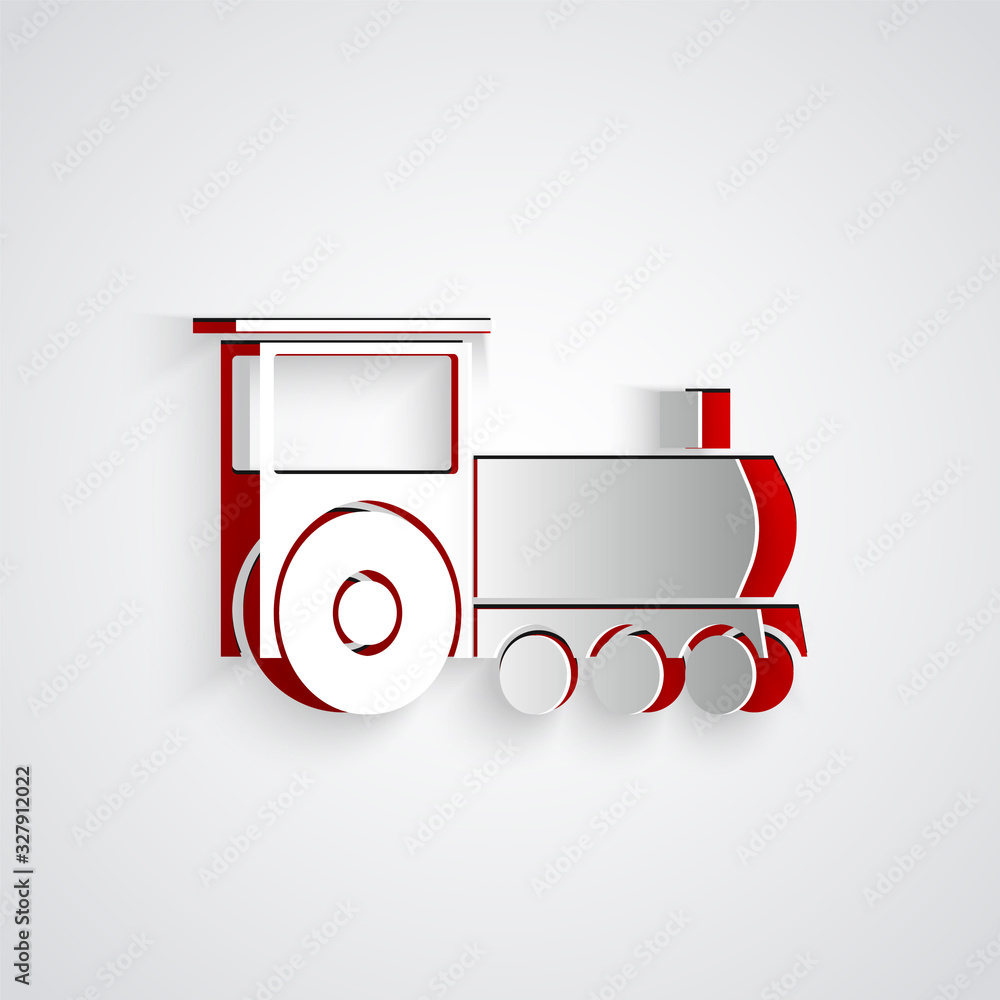 Paper cut Retro train icon isolated on grey background. Public transportation symbol. Paper art styl