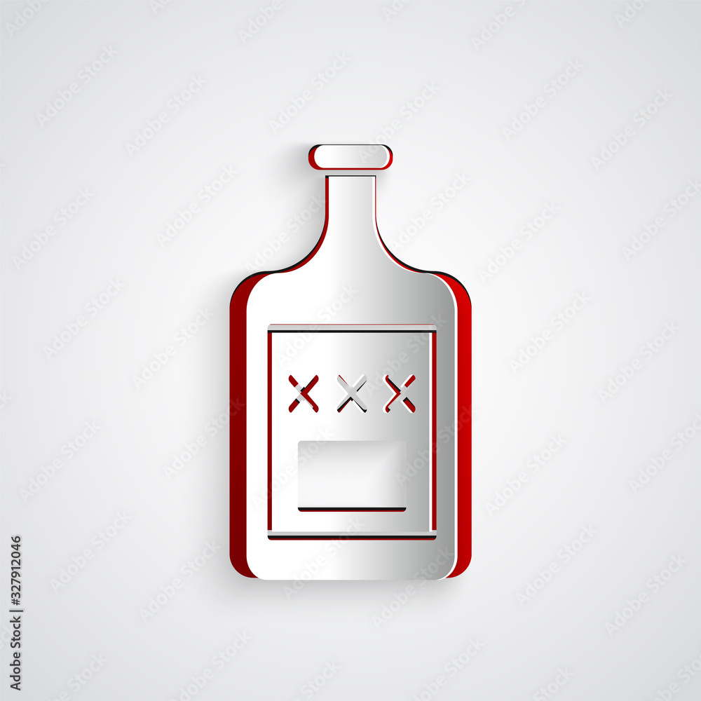 Paper cut Whiskey bottle icon isolated on grey background. Paper art style. Vector Illustration