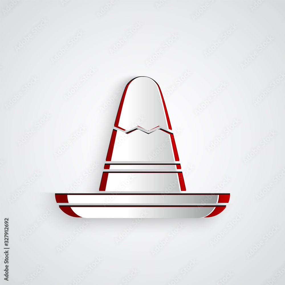 Paper cut Traditional mexican sombrero hat icon isolated on grey background. Paper art style. Vector