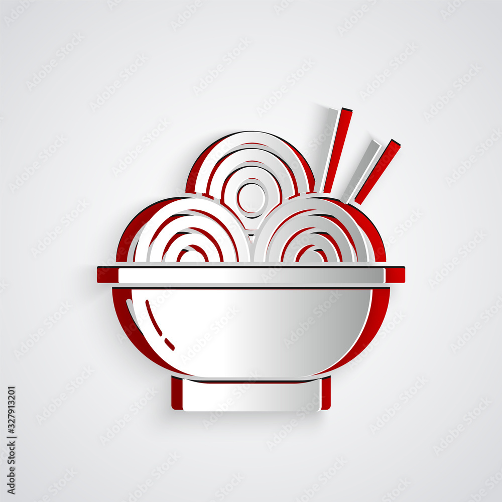 Paper cut Asian noodles in bowl and chopsticks icon isolated on grey background. Street fast food. K