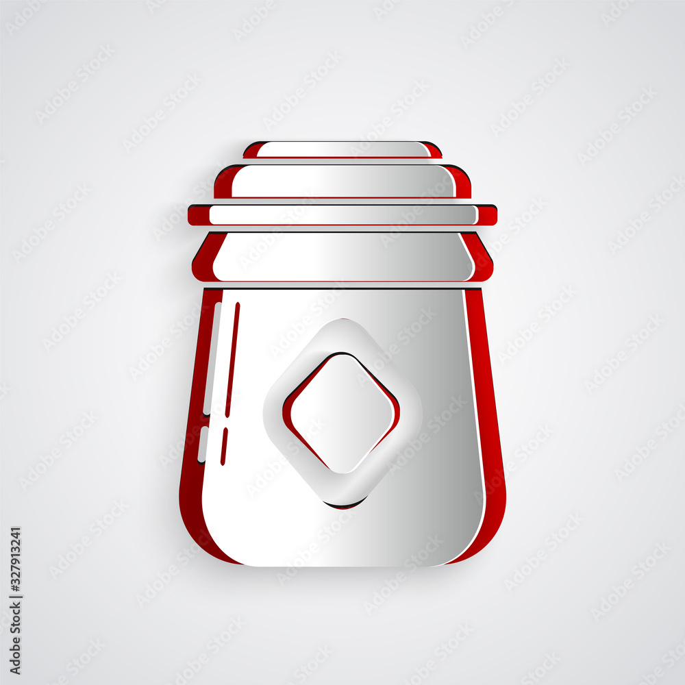 Paper cut Jar of honey icon isolated on grey background. Food bank. Sweet natural food symbol. Paper