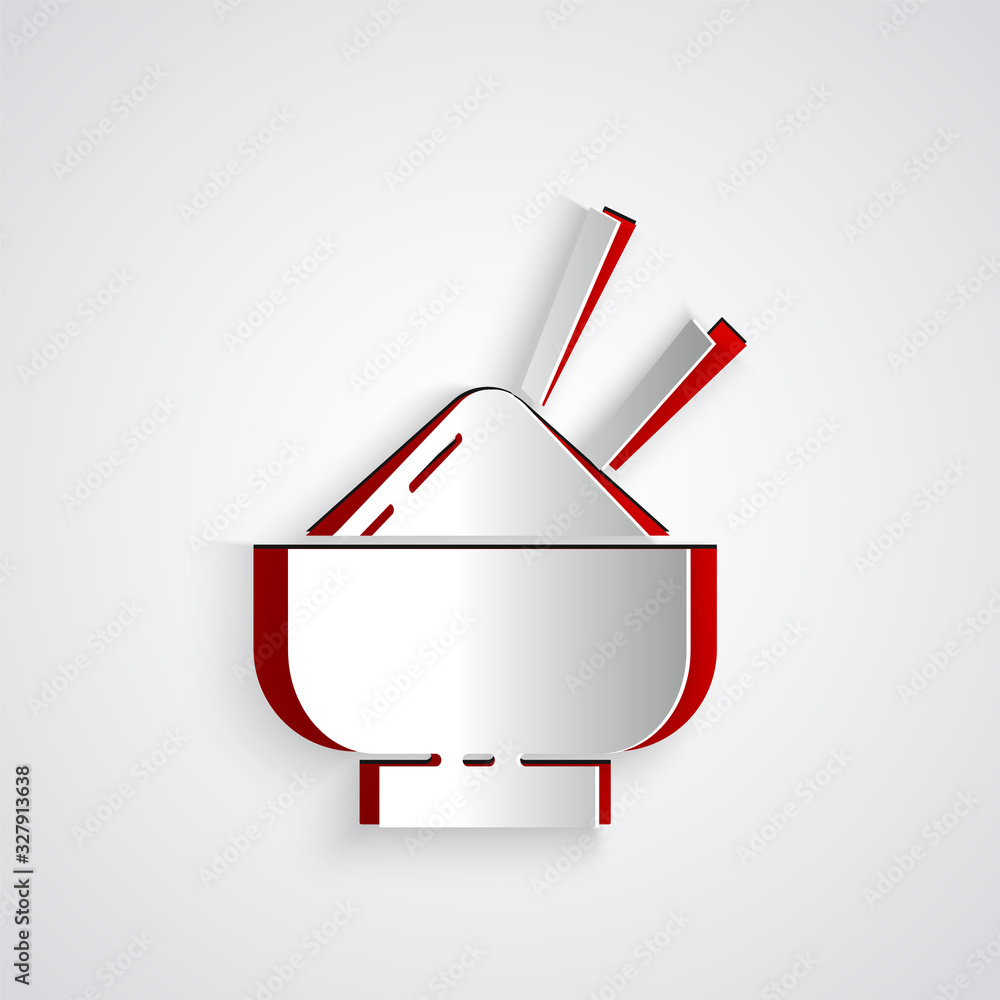 Paper cut Rice in a bowl with chopstick icon isolated on grey background. Traditional Asian food. Pa