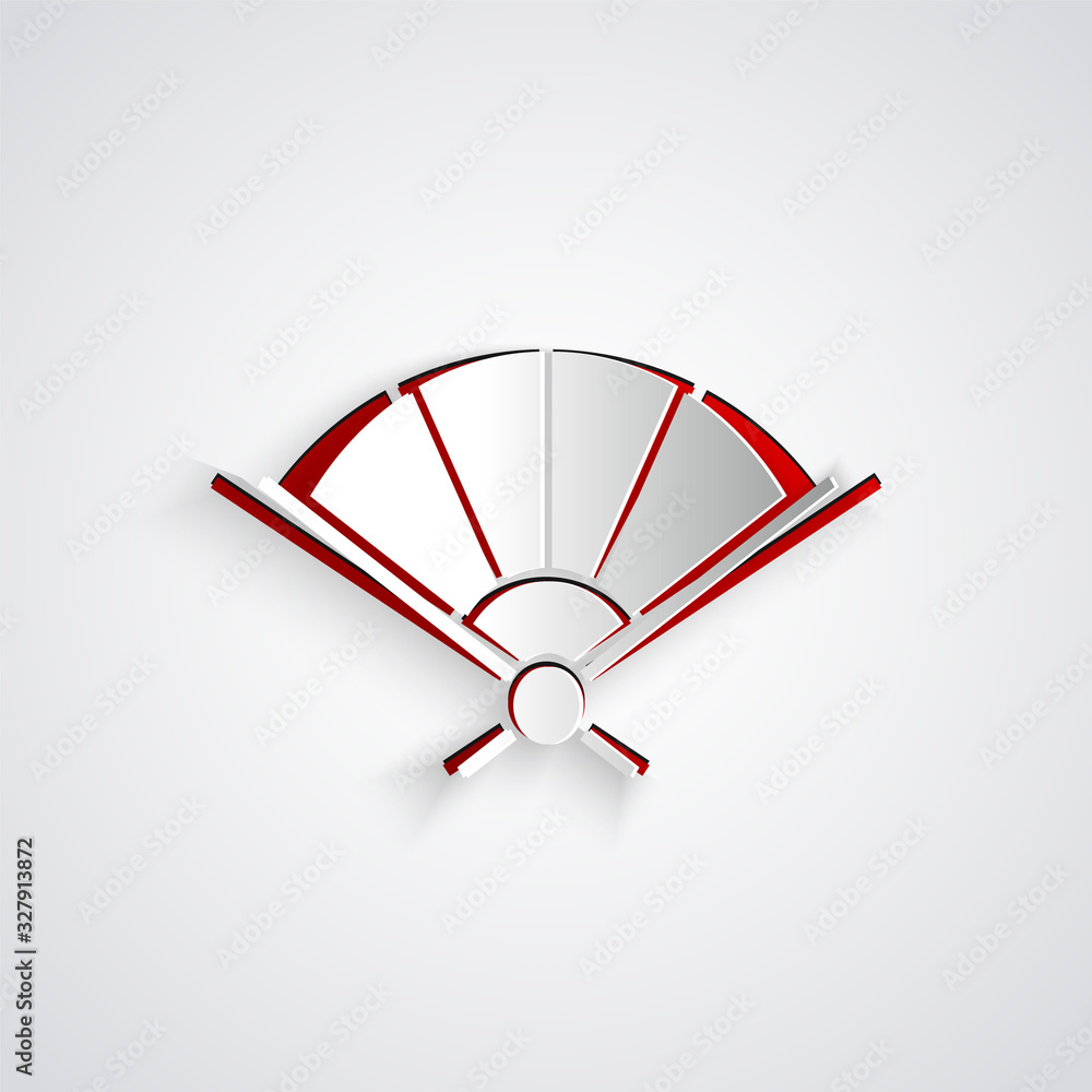 Paper cut Traditional paper chinese or japanese folding fan icon isolated on grey background. Paper 