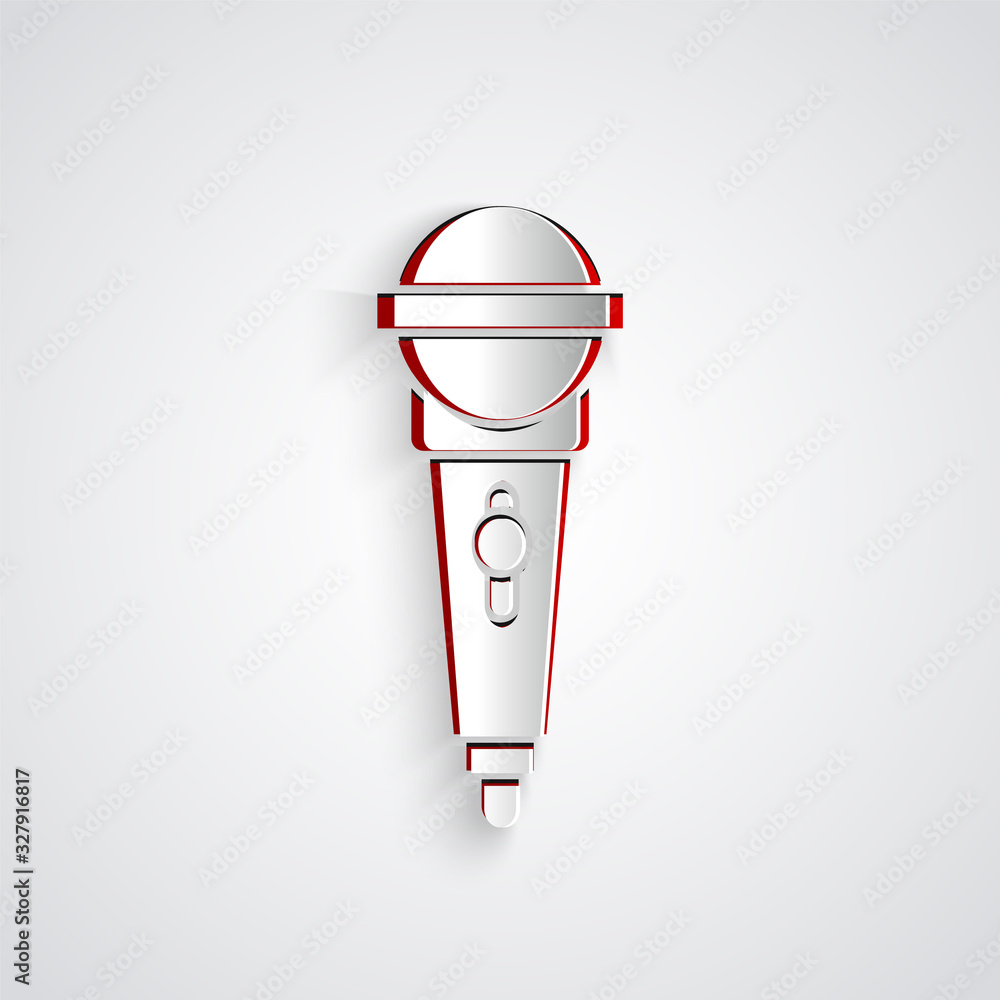 Paper cut Microphone icon isolated on grey background. On air radio mic microphone. Speaker sign. Pa