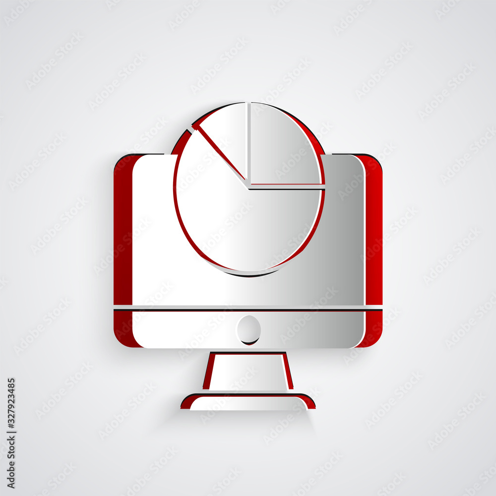 Paper cut Computer monitor with graph chart icon isolated on grey background. Report text file. Acco