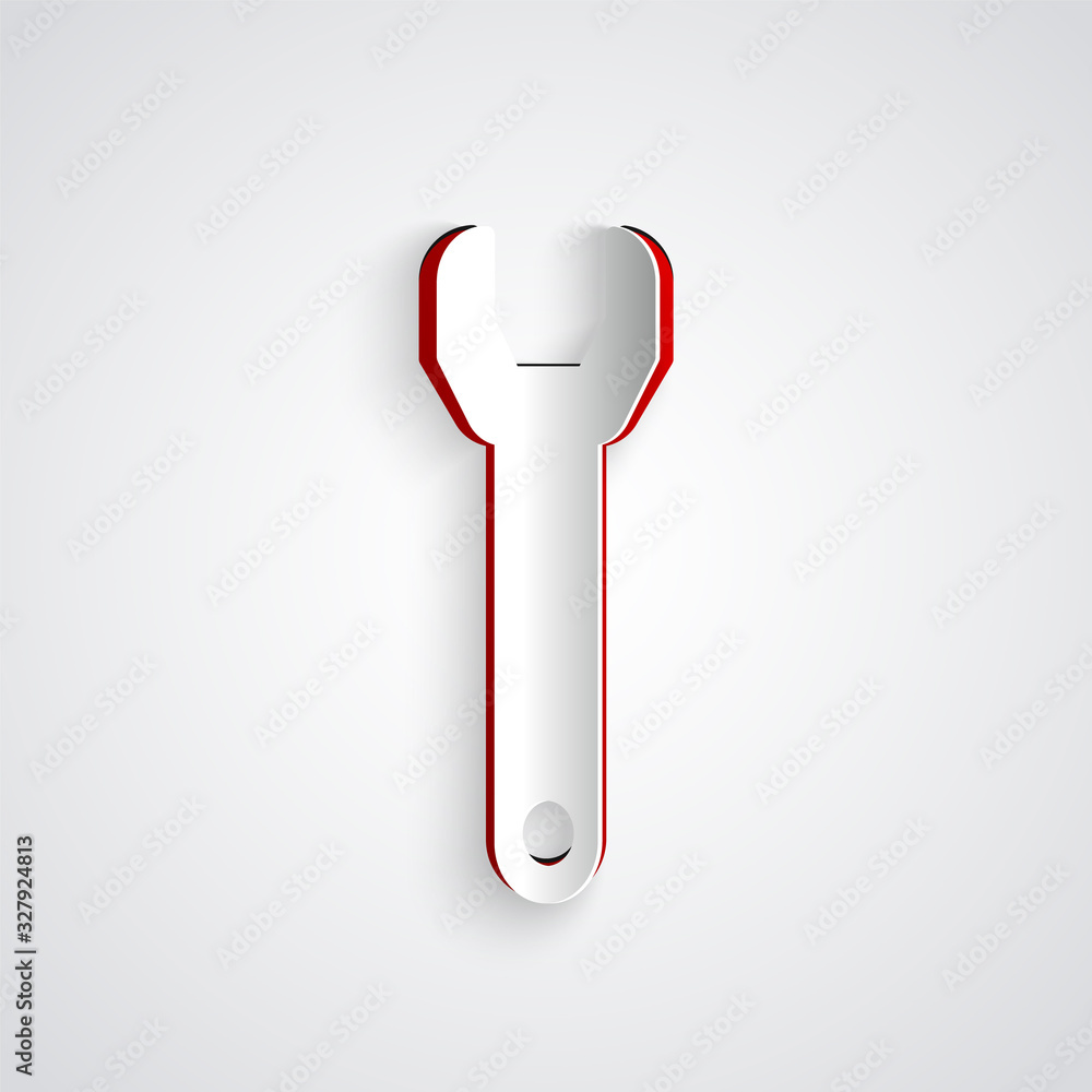 Paper cut Wrench spanner icon isolated on grey background. Paper art style. Vector Illustration