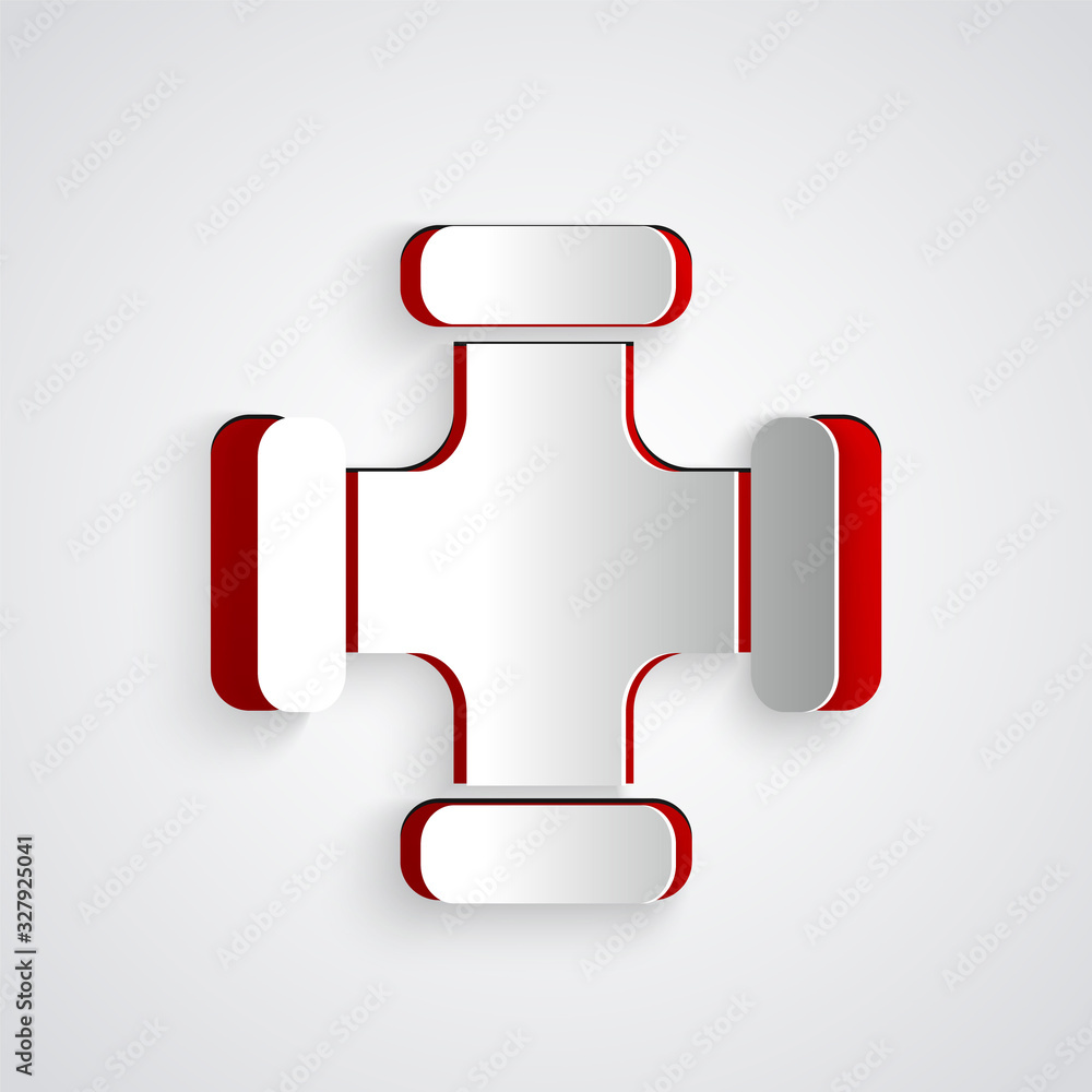 Paper cut Industry metallic pipe icon isolated on grey background. Plumbing pipeline parts of differ