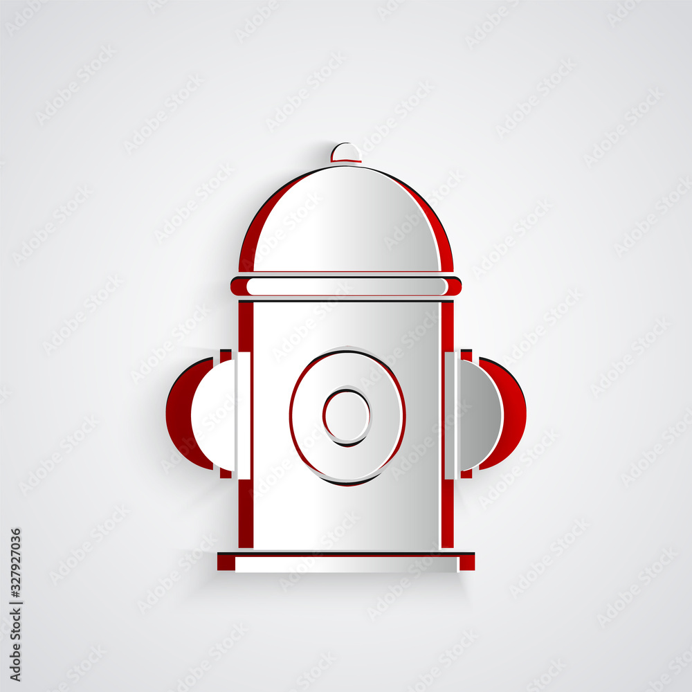 Paper cut Fire hydrant icon isolated on grey background. Paper art style. Vector Illustration