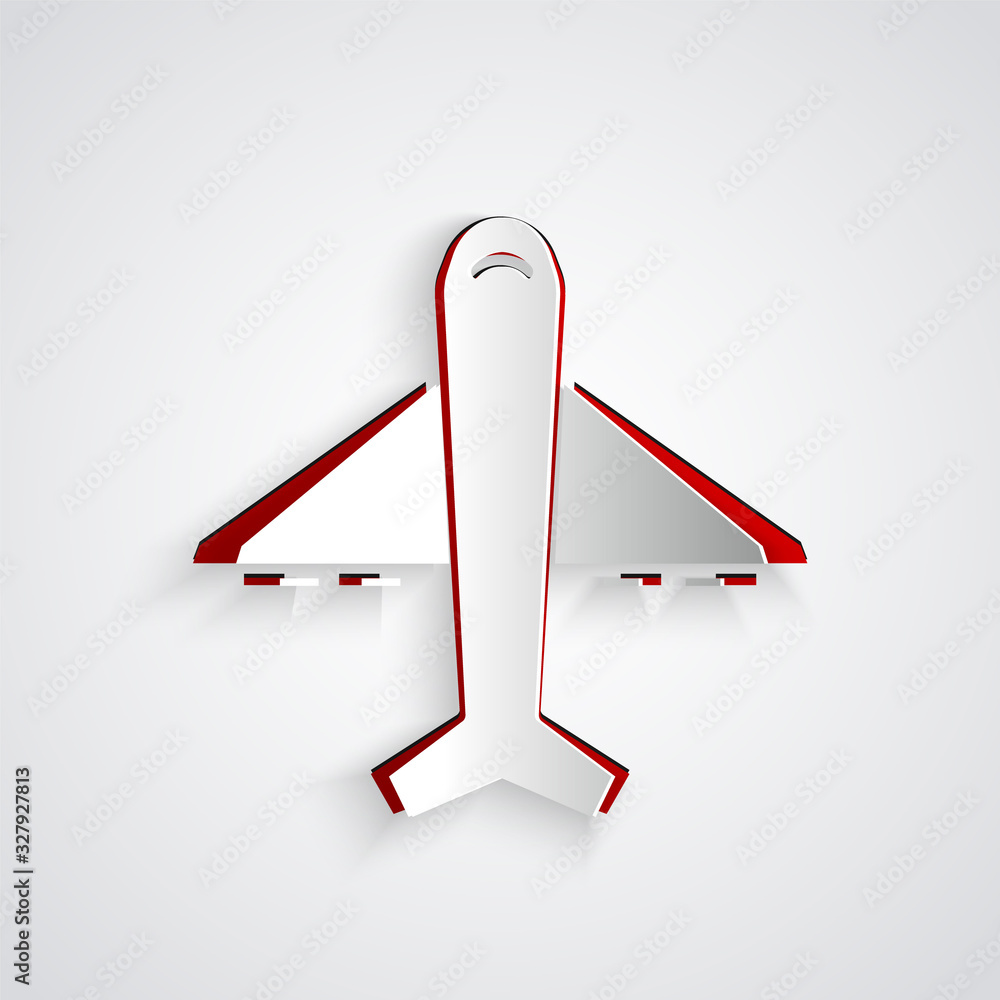 Paper cut Plane icon isolated on grey background. Flying airplane icon. Airliner sign. Paper art sty