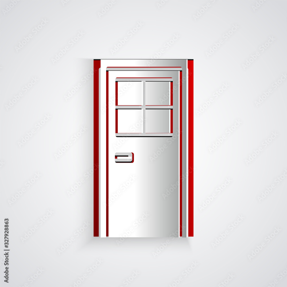 Paper cut Closed door icon isolated on grey background. Paper art style. Vector Illustration