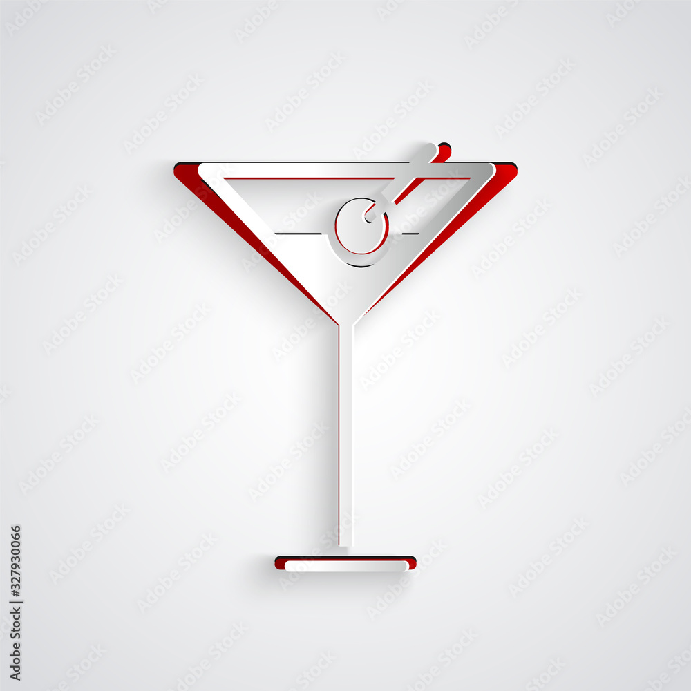 Paper cut Martini glass icon isolated on grey background. Cocktail icon. Wine glass icon. Paper art 