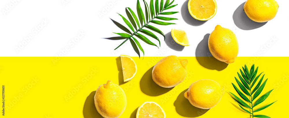 Fresh yellow lemons overhead view - flat lay