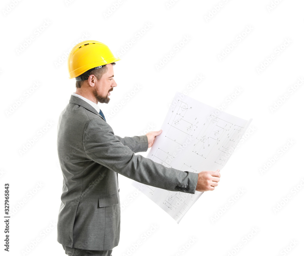 Male engineer with drawing on white background