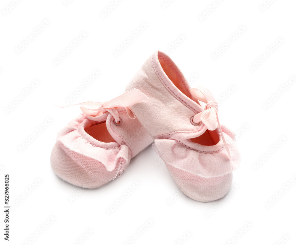 Baby booties on white background