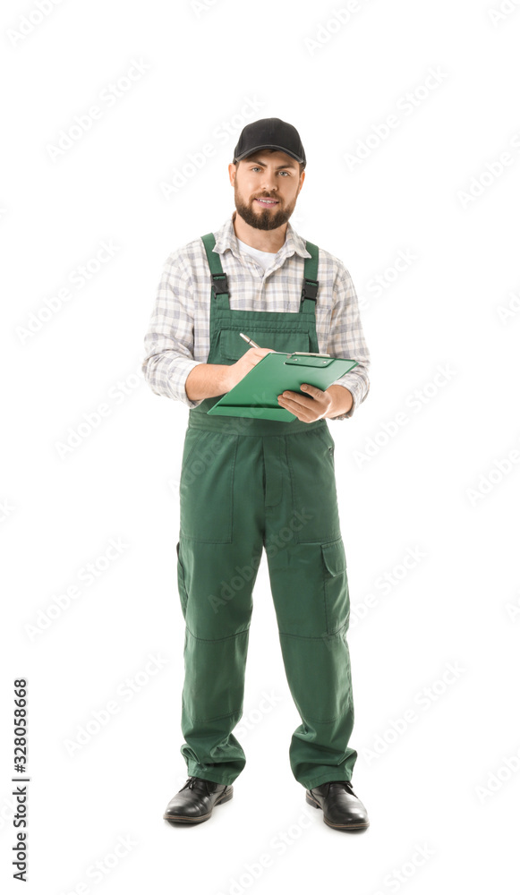 Handsome plumber on white background