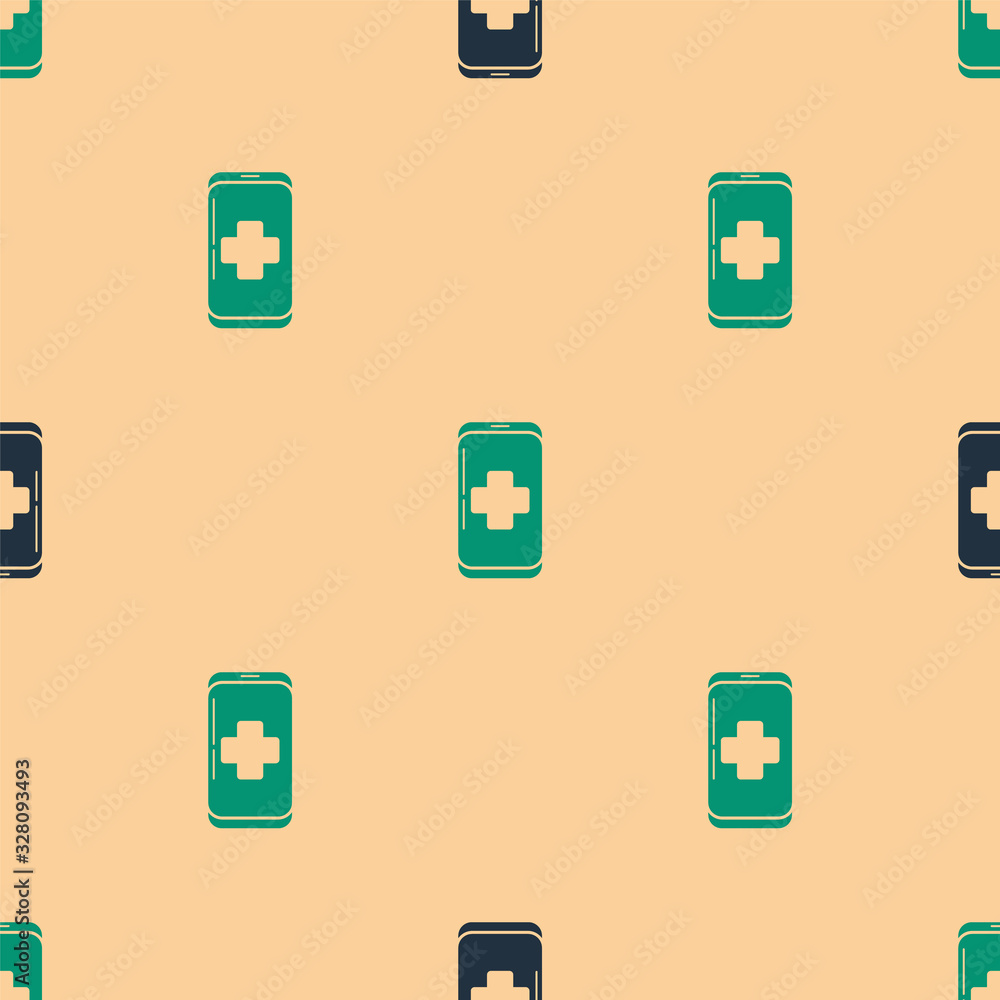 Green and black Emergency mobile phone call to hospital icon isolated seamless pattern on beige back