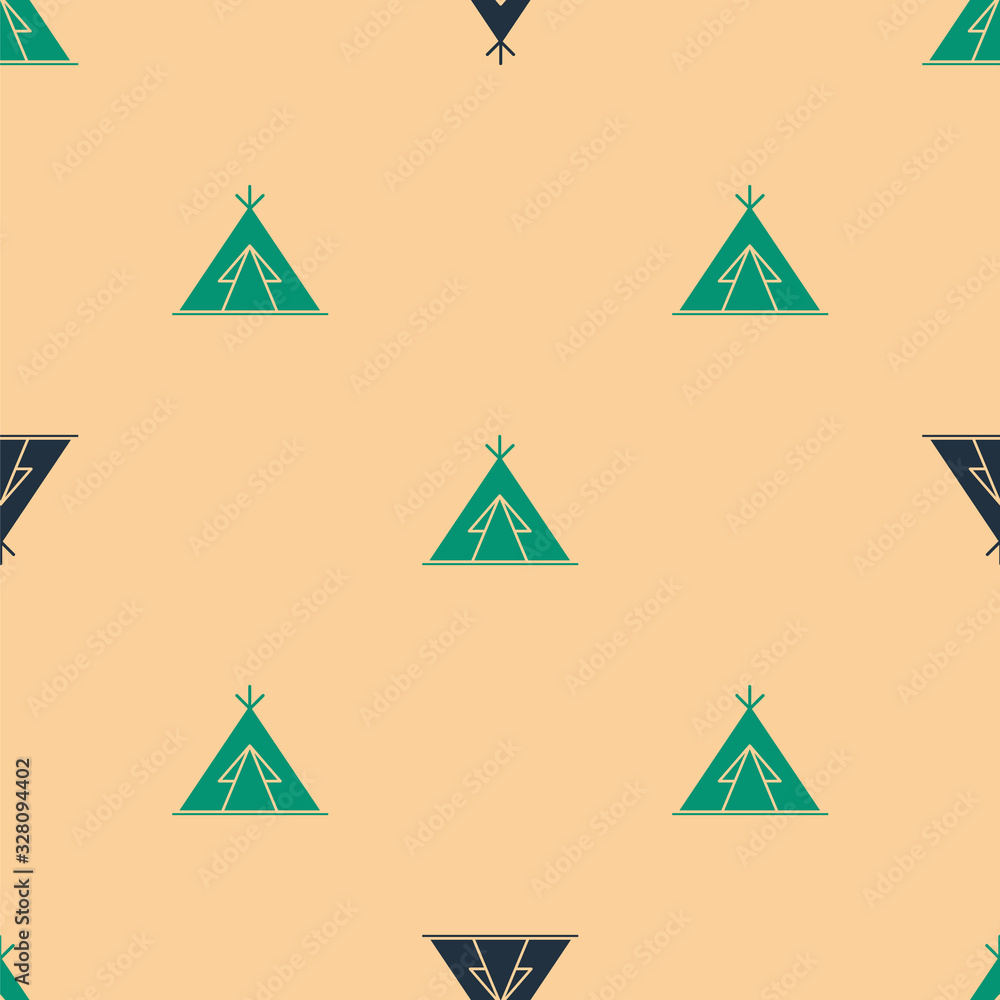 Green and black Traditional indian teepee or wigwam icon isolated seamless pattern on beige backgrou