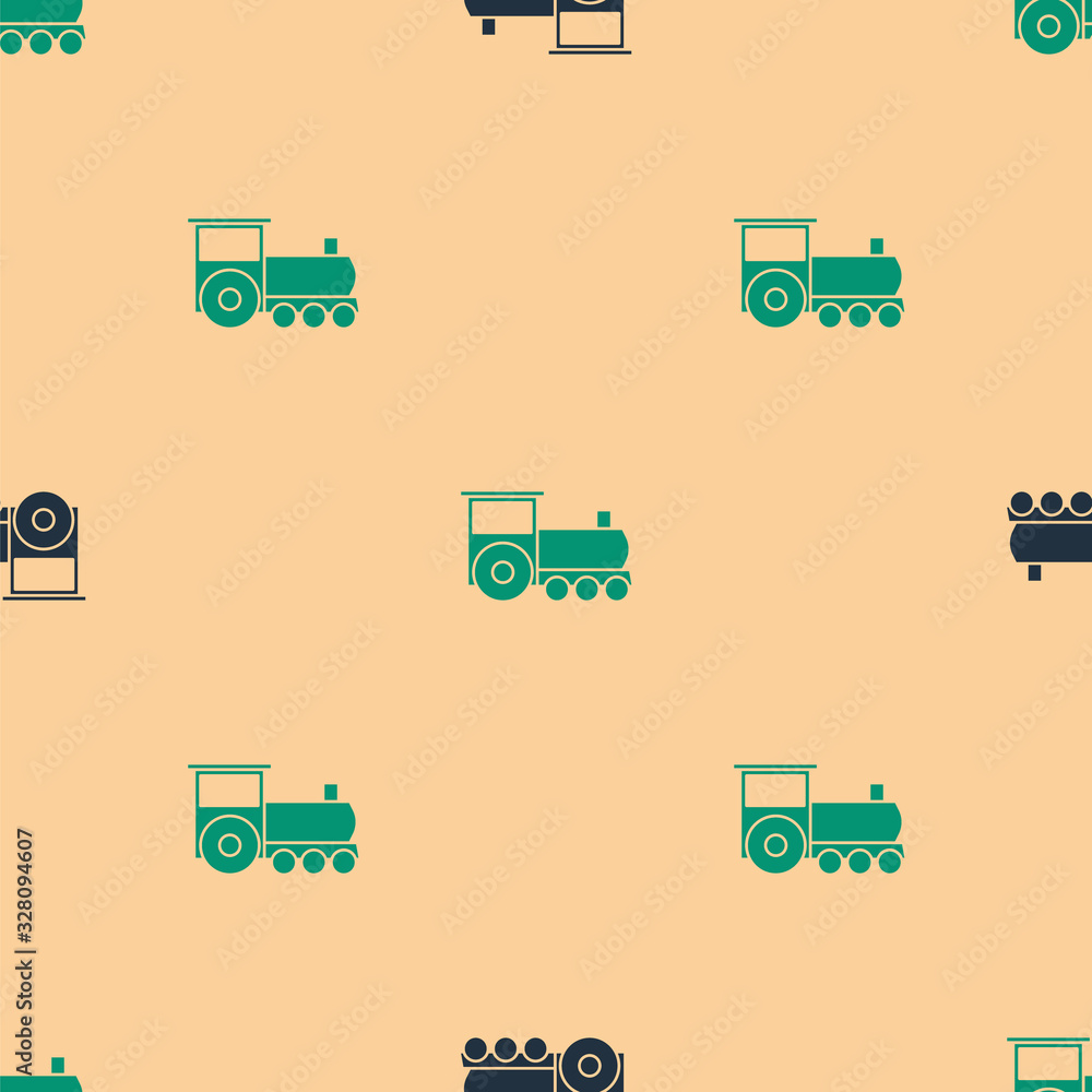 Green and black Retro train icon isolated seamless pattern on beige background. Public transportatio