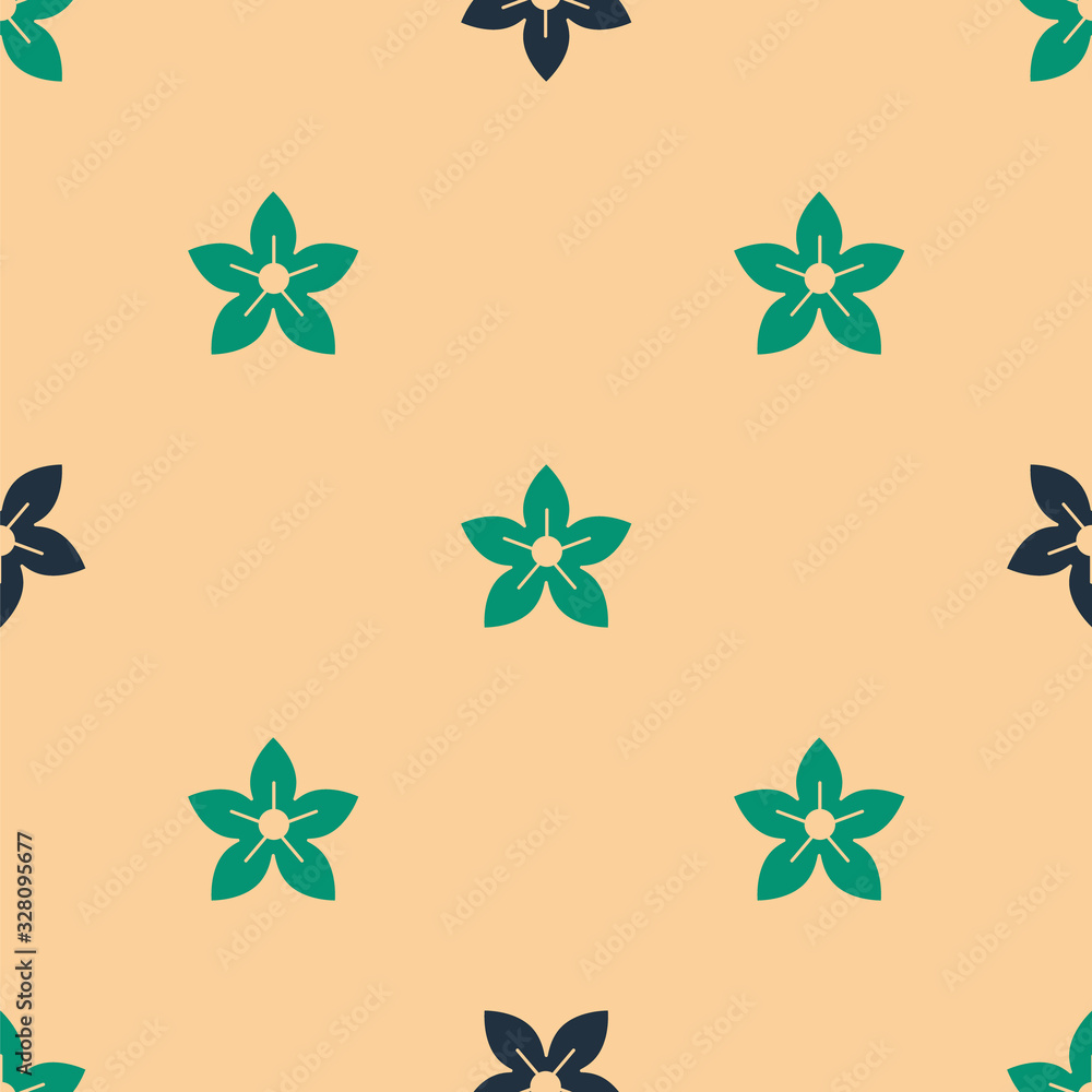 Green and black Lotus flower icon isolated seamless pattern on beige background. Vector Illustration