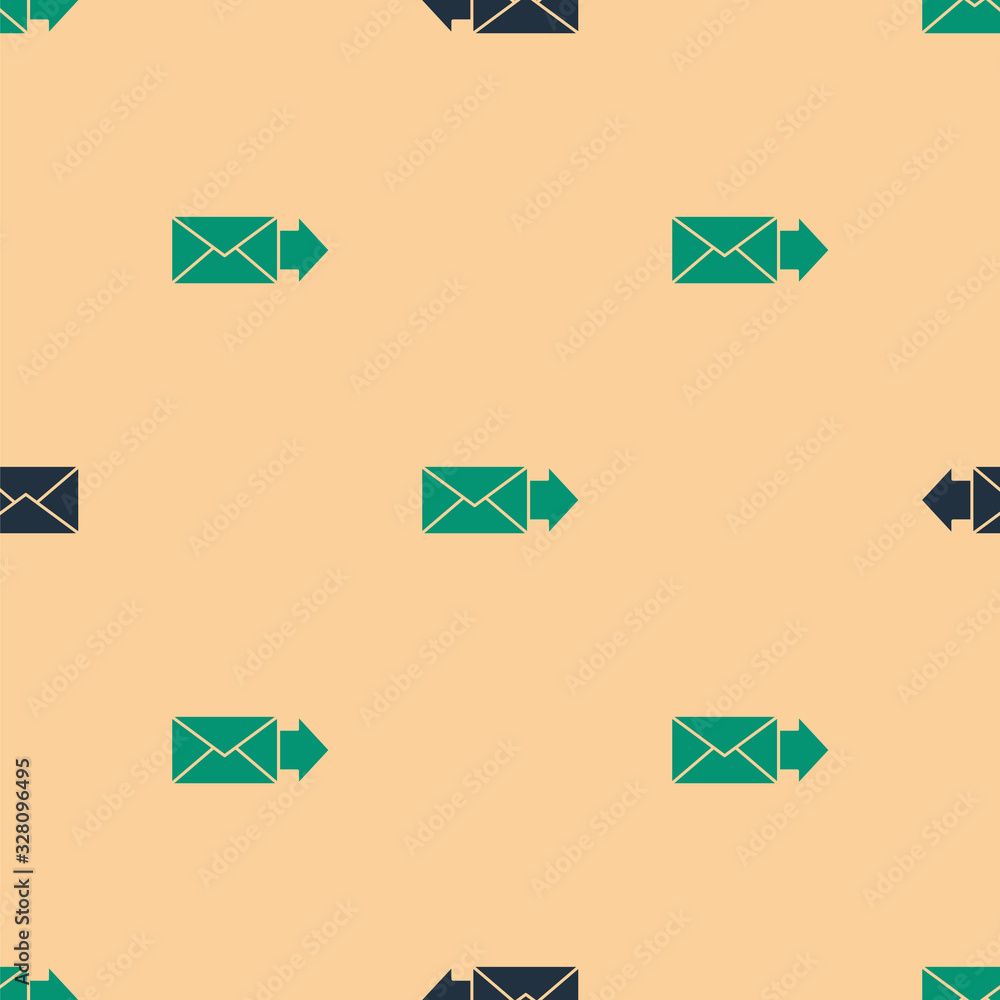 Green and black Envelope icon isolated seamless pattern on beige background. Email message letter sy