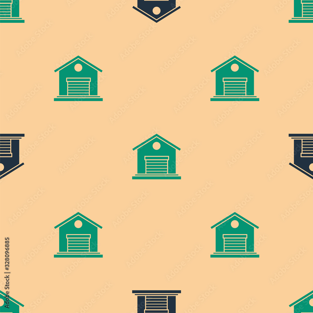 Green and black Warehouse icon isolated seamless pattern on beige background. Vector Illustration