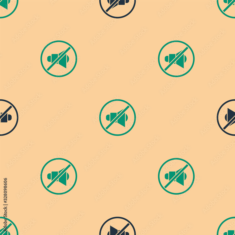 Green and black Speaker mute icon isolated seamless pattern on beige background. No sound icon. Volu