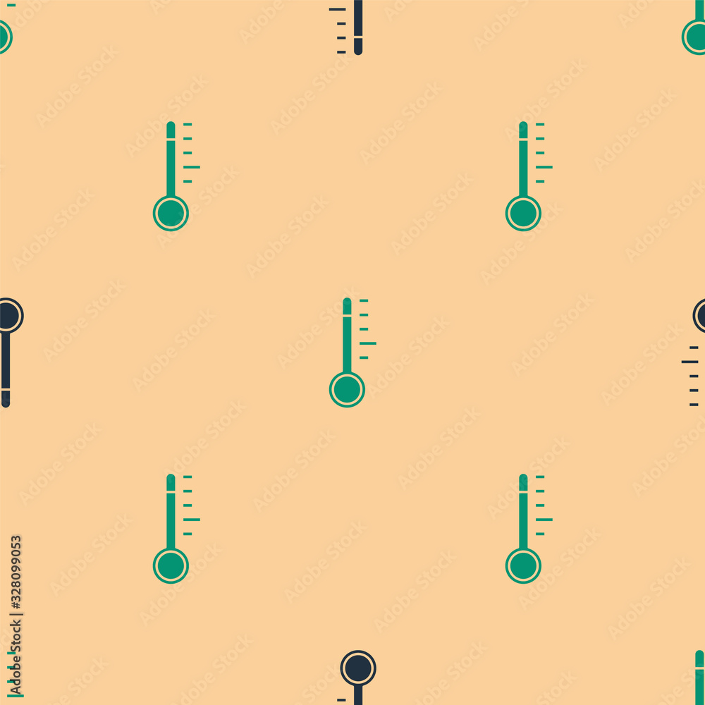 Green and black Meteorology thermometer measuring icon isolated seamless pattern on beige background