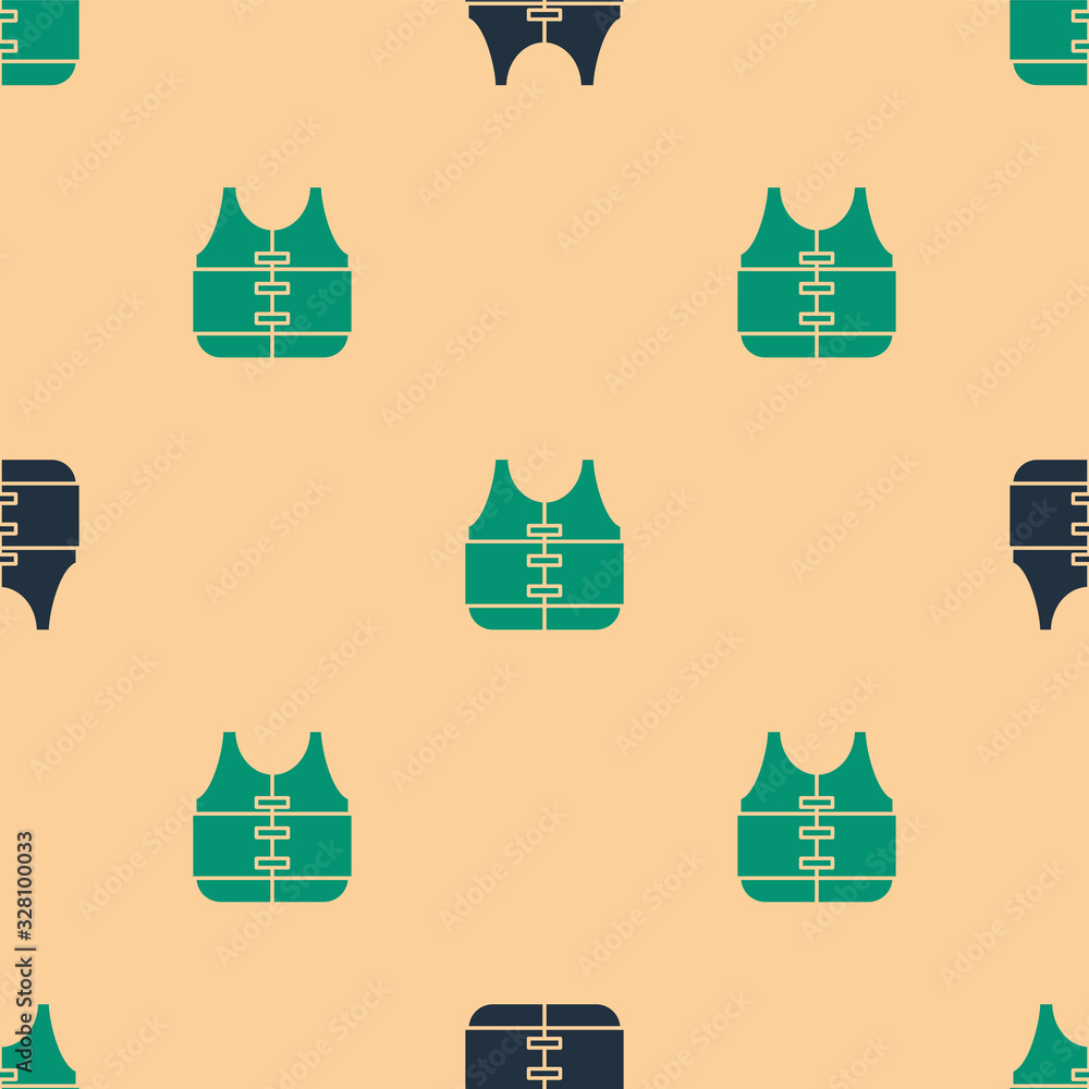 Green and black Life jacket icon isolated seamless pattern on beige background. Life vest icon. Extr