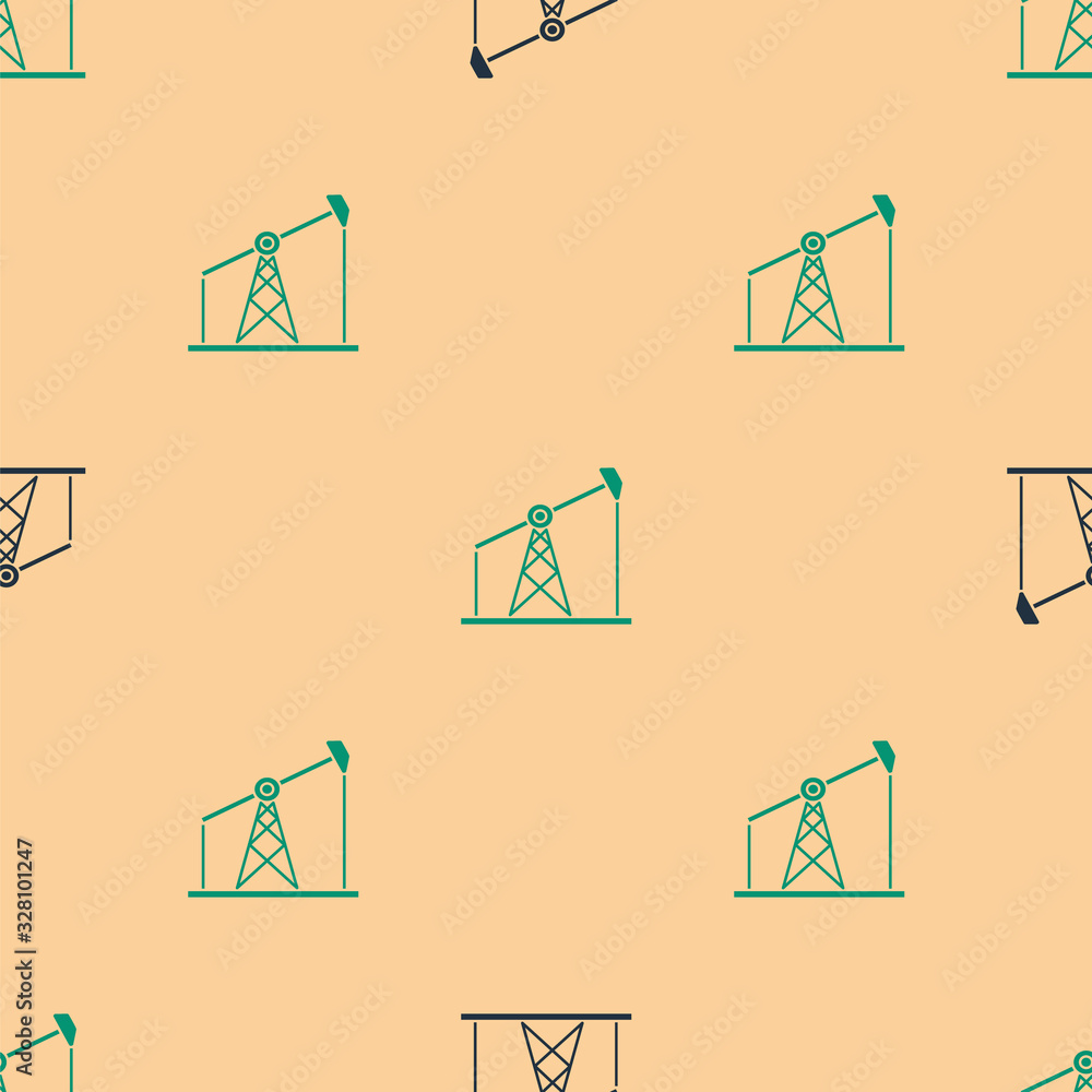 Green and black Oil pump or pump jack icon isolated seamless pattern on beige background. Oil rig. V