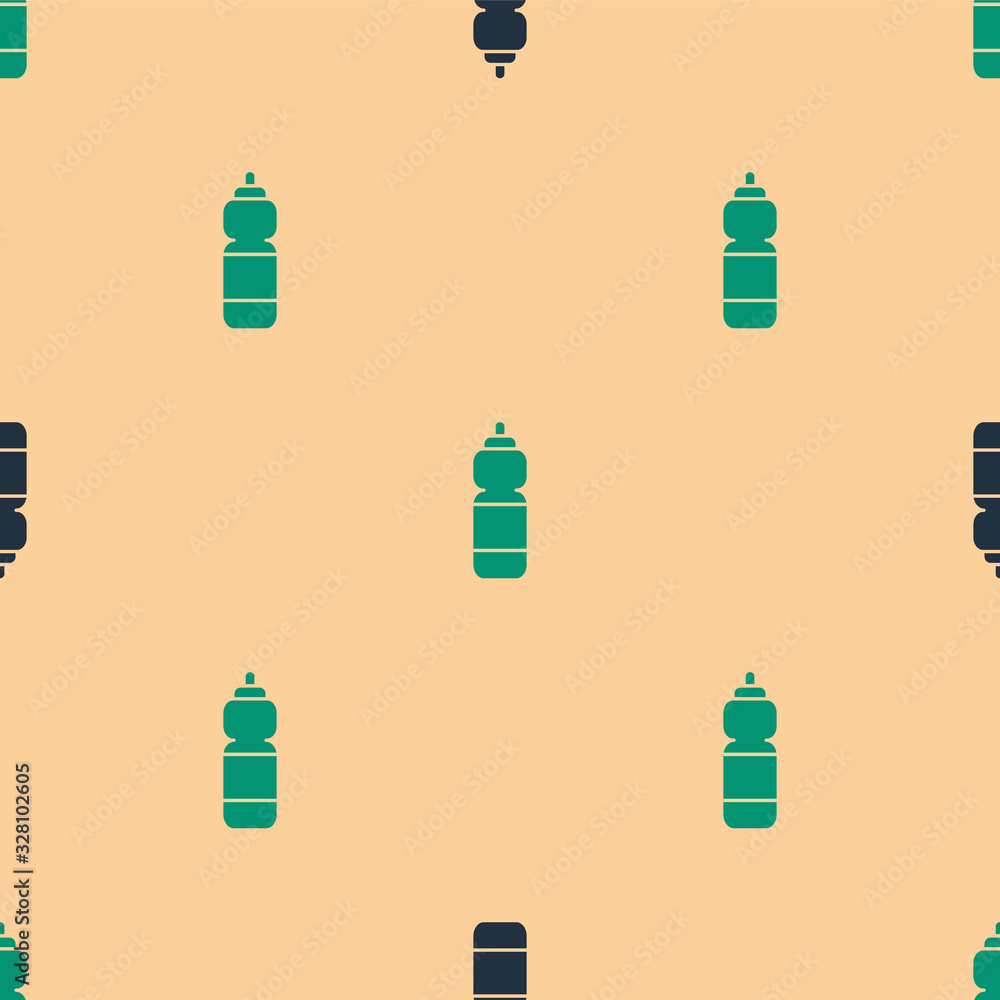 Green and black Fitness shaker icon isolated seamless pattern on beige background. Sports shaker bot