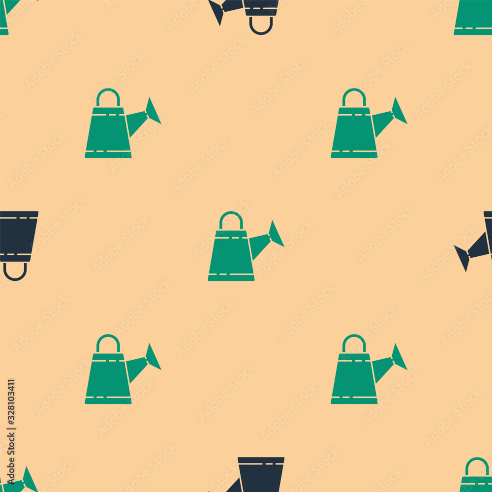 Green and black Watering can icon isolated seamless pattern on beige background. Irrigation symbol. 