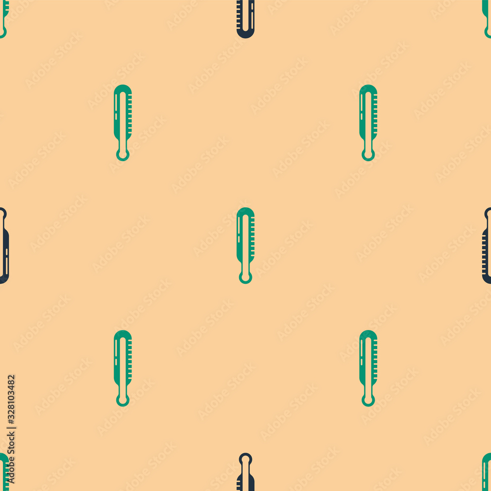 Green and black Meteorology thermometer measuring icon isolated seamless pattern on beige background