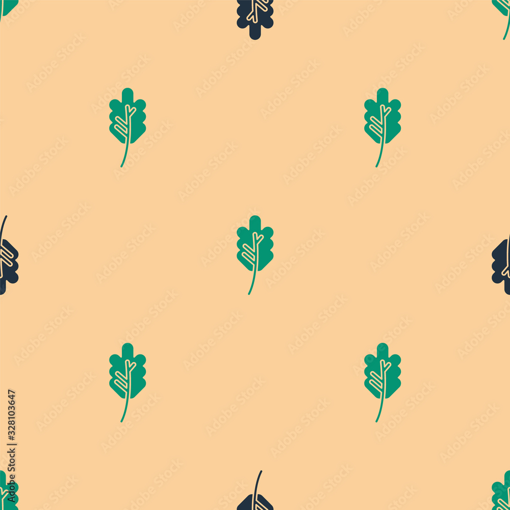 Green and black Leaf icon isolated seamless pattern on beige background. Leaves sign. Fresh natural 