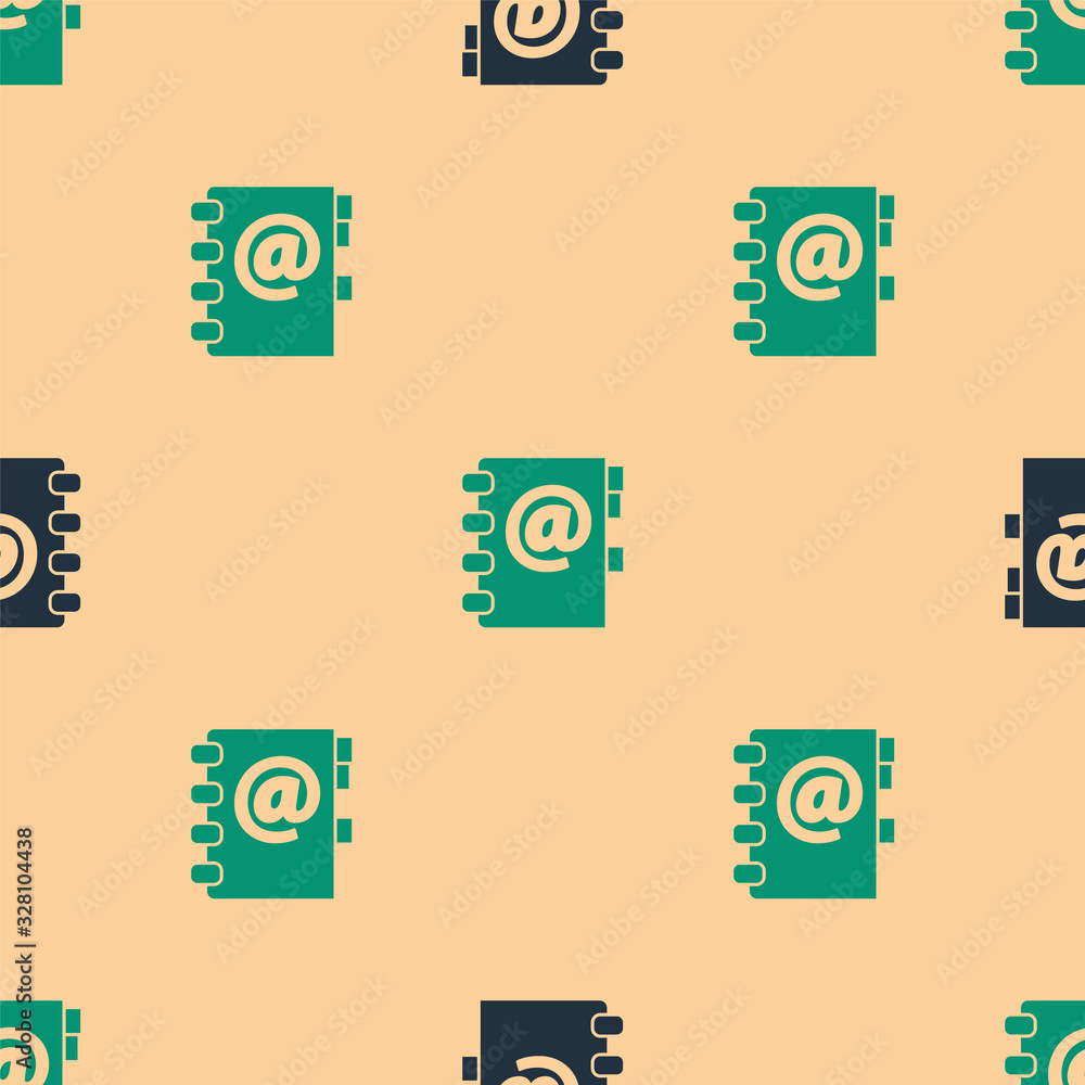 Green and black Address book icon isolated seamless pattern on beige background. Notebook, address, 