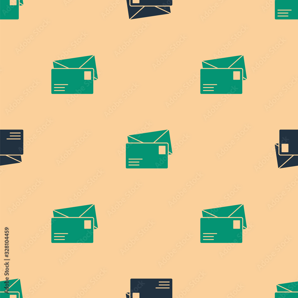 Green and black Envelope icon isolated seamless pattern on beige background. Email message letter sy